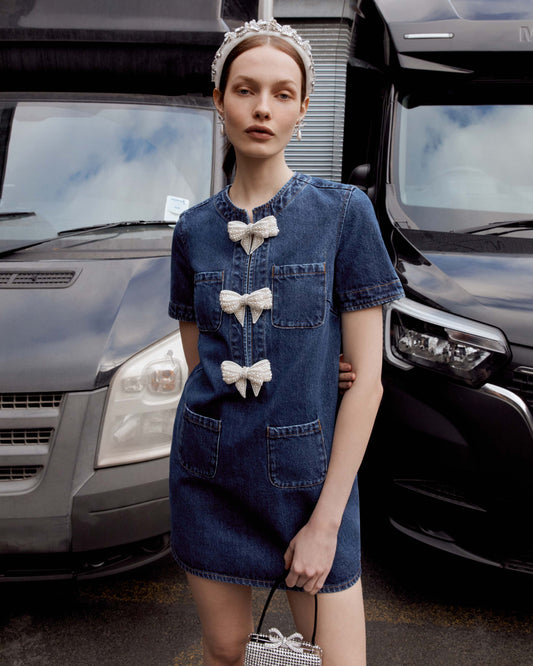 SP Denim Bow Shift Mini Dress