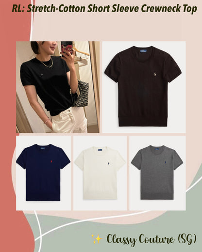 5 Colors! RL Pima Stretch-Cotton Short Sleeve Crewneck Sweater Top