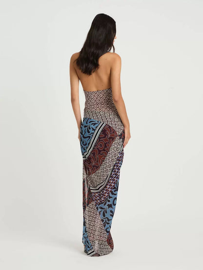 BN Marnie Halter Plunge Maxi Dress in Terra Mosaic Print