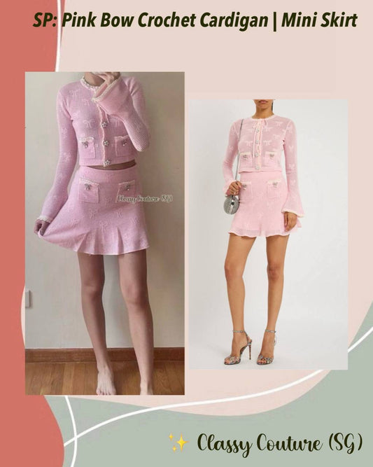 SP Pink Bow Crochet Cardigan | Mini Skirt | Set