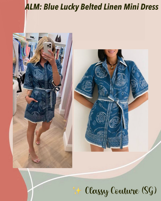 ALM Blue Lucky Belted Linen Mini Dress Shirtdress