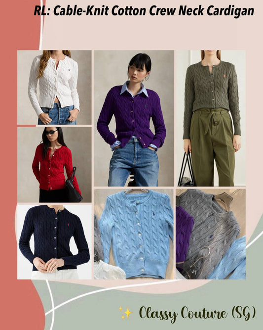 7 Colors! RL Cotton Cable Knit Crewneck Cardigan
