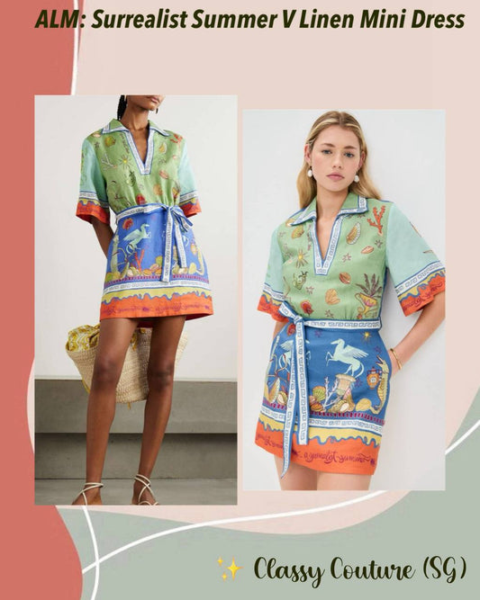 ALM Surrealist Summer V-neck Linen Mini Dress