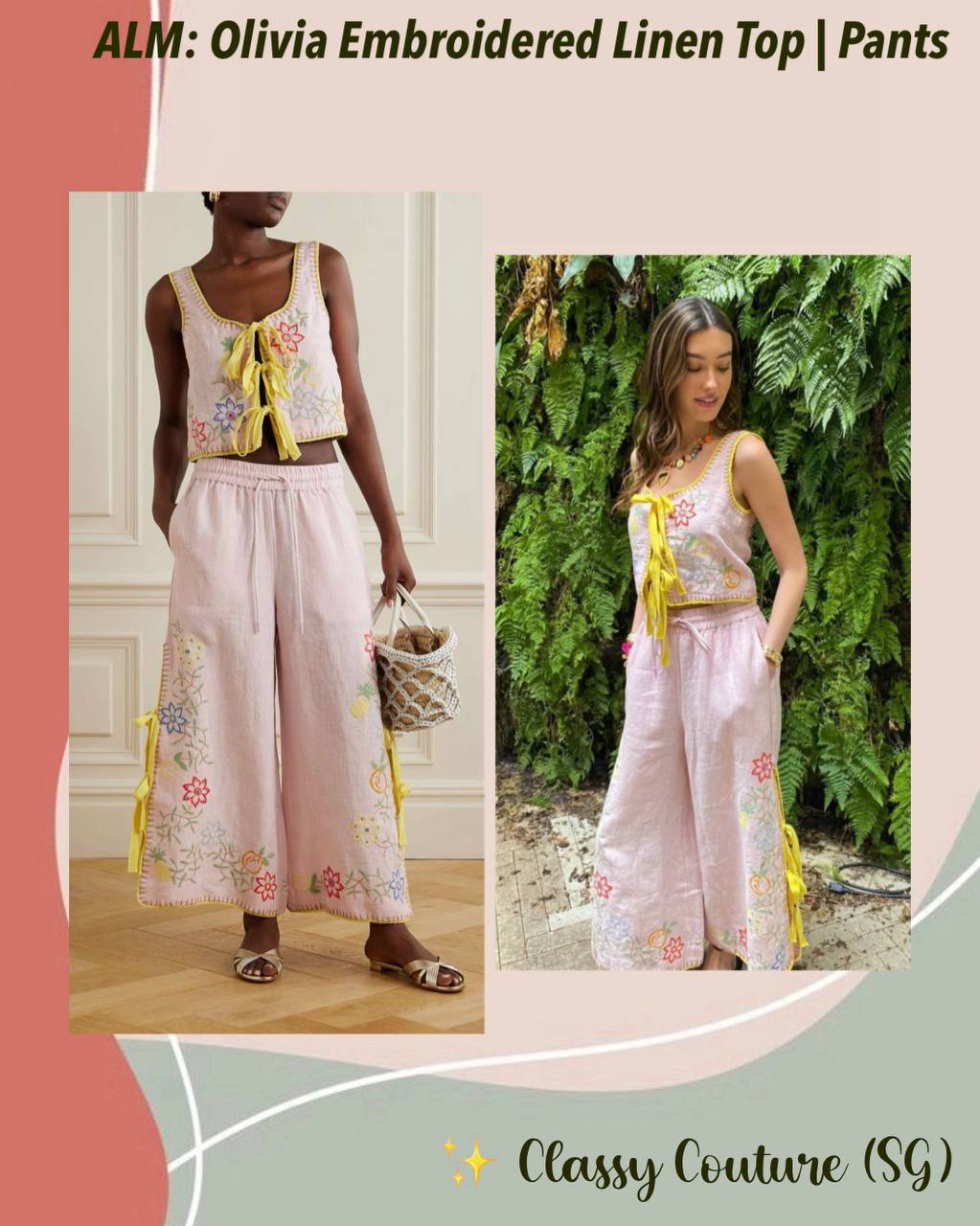 ALM Olivia Embroidered Linen Crop Top | Pants | Set
