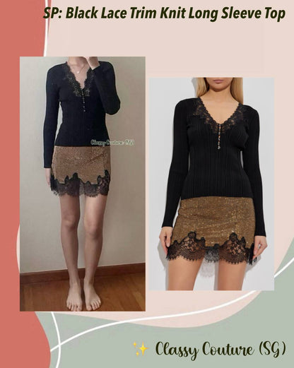 SP Black Lace Trim Knit Long Sleeve Top