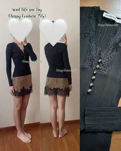 SP Black Lace Trim Knit Long Sleeve Top