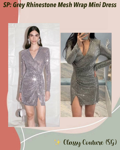 SP Grey Rhinestone Mesh Wrap Mini Dress