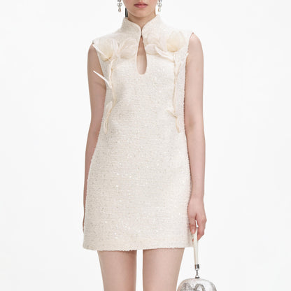 SP Cream Boucle Flower Motif Mini Dress