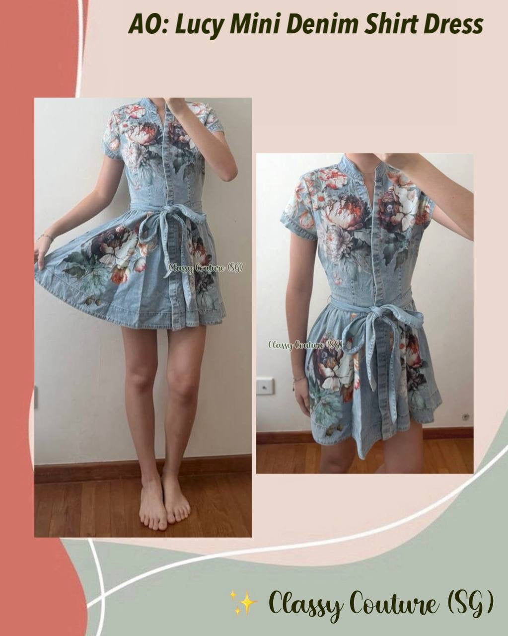 AO Lucy Floral Cotton Denim Shirtdress Mini Dress