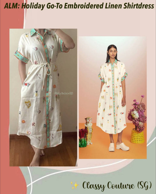 ALM Holiday Go-To Embroidered Linen Shirtdress Midi Dress