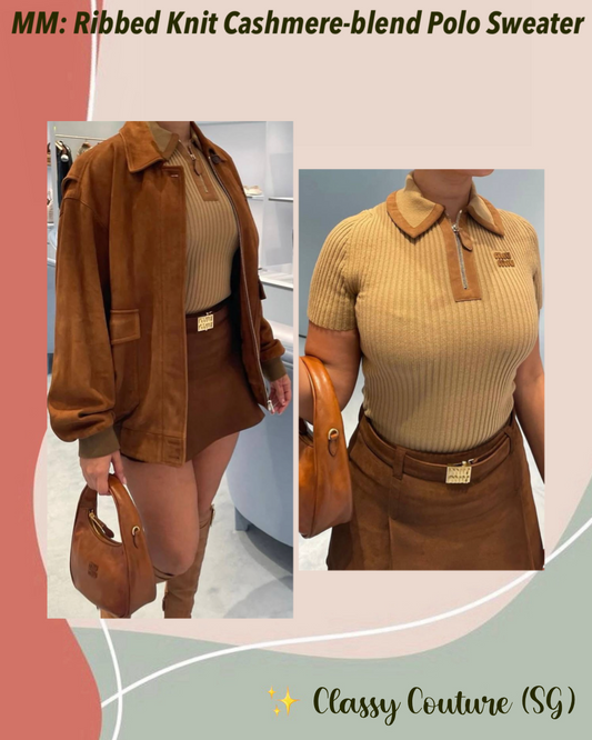 MM Ribbed Knit Cashmere Quarter-zip Polo Sweater Short Sleeve Top