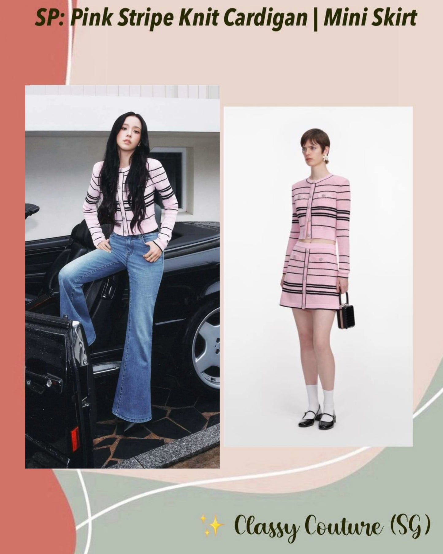 SP Pink Stripe Knit Cardigan | Mini Skirt| Jisoo Set