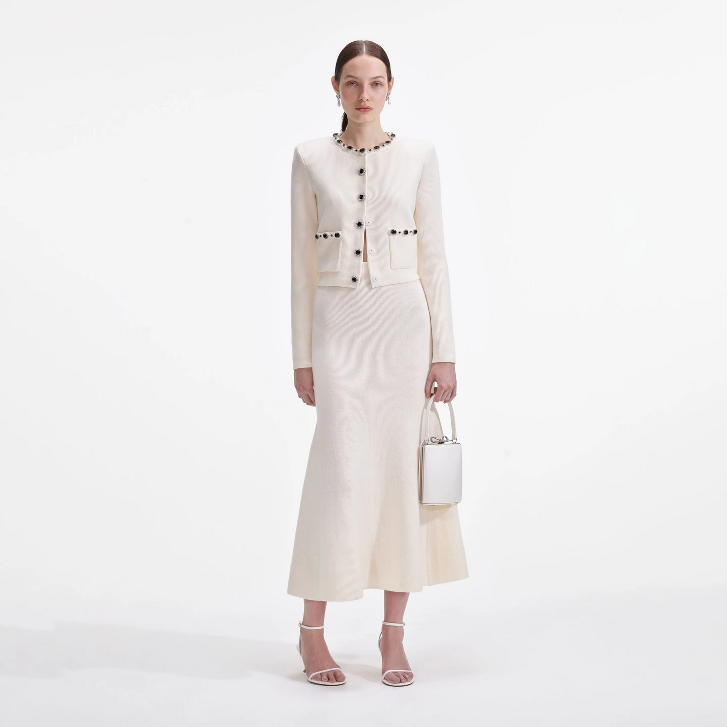 SP Cream Embellished Cardigan | Cream Flared Knit Midi Skirt | Set