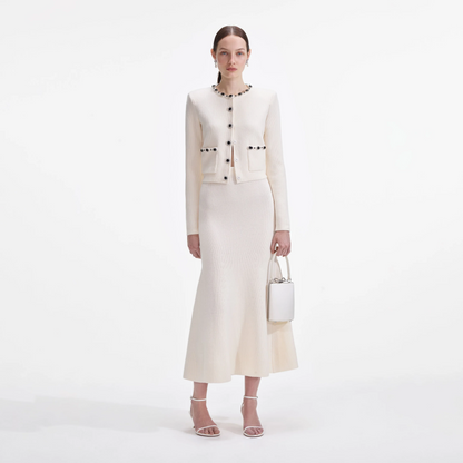 SP Cream Embellished Cardigan | Cream Flared Knit Midi Skirt | Set