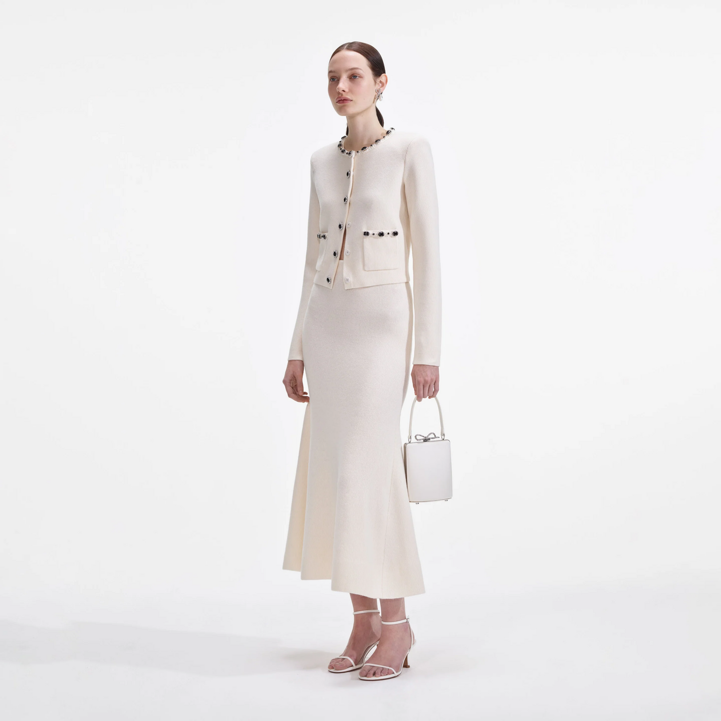 SP Cream Embellished Cardigan | Cream Flared Knit Midi Skirt | Set