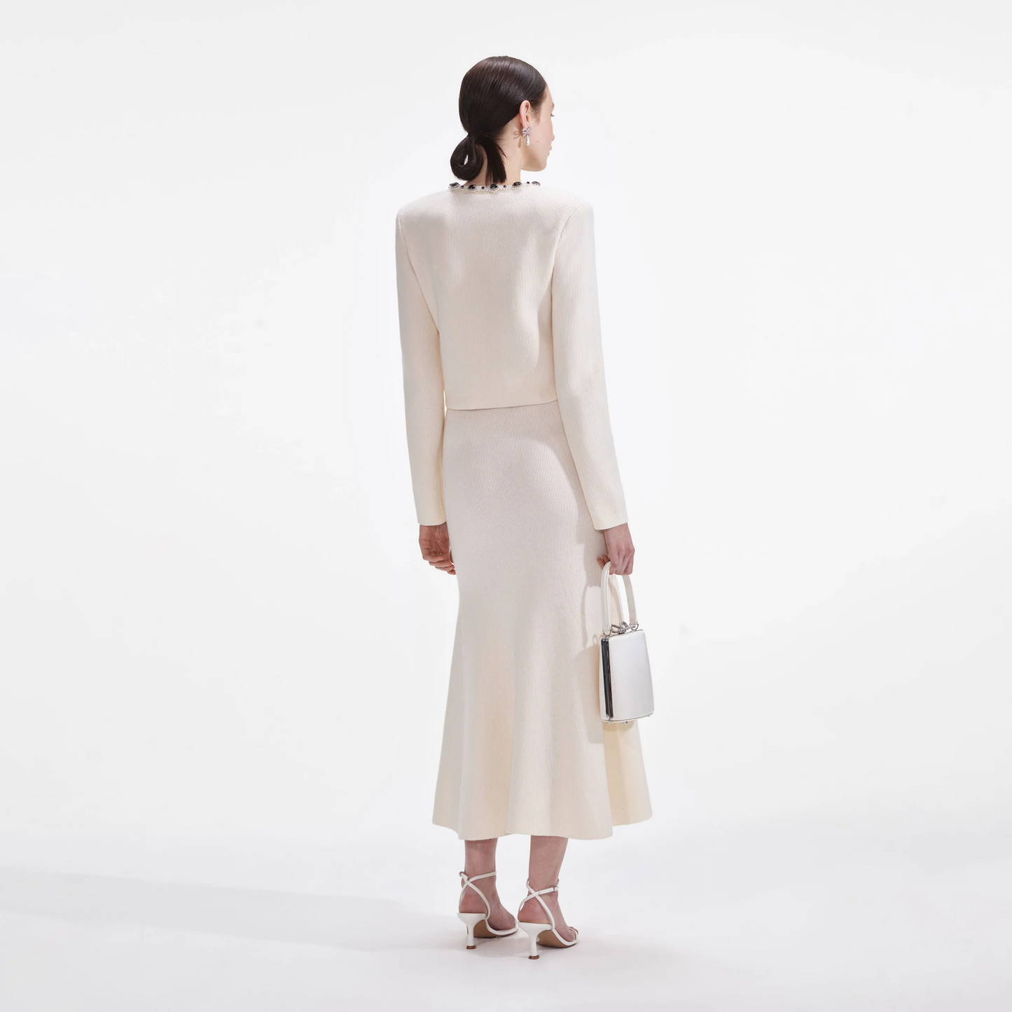 SP Cream Embellished Cardigan | Cream Flared Knit Midi Skirt | Set