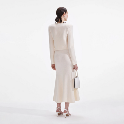 SP Cream Embellished Cardigan | Cream Flared Knit Midi Skirt | Set