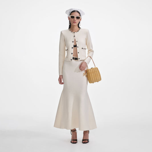 SP Cream Embellished Cardigan | Cream Flared Knit Midi Skirt | Set
