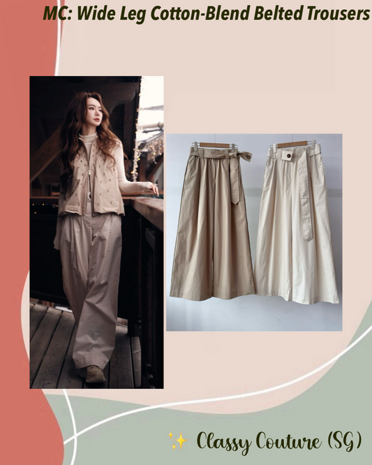 MC Wide Leg Cotton-Blend Belted Trousers Palazzo Pants