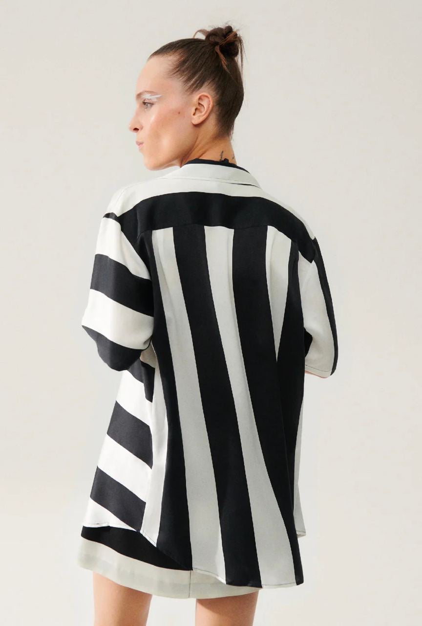 SALE! SL Short Sleeve Boyfriend Silk Shirt: Black Stripe, Blue Swans