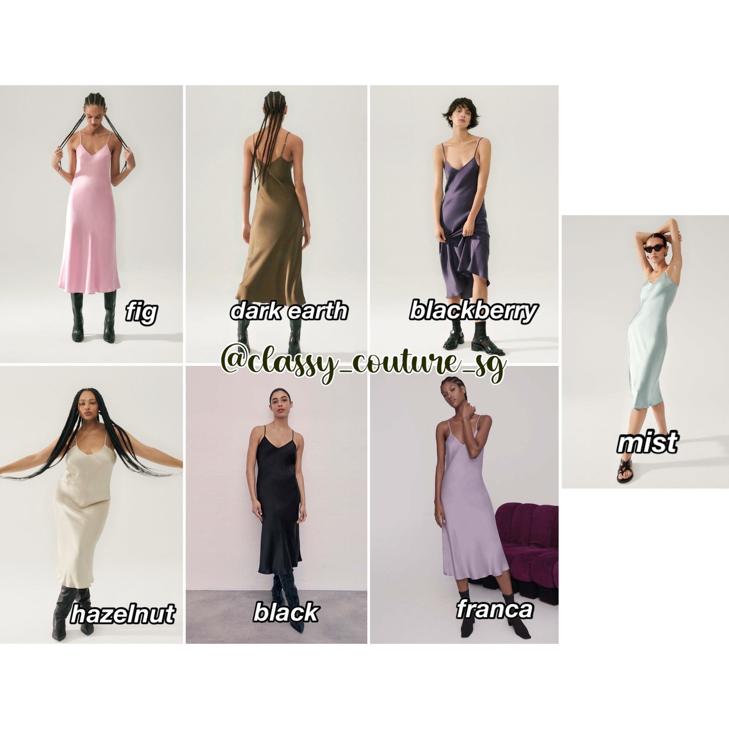 (PART 2/2) SL 90s Slip Midi Dress Solid Colours: Black, Franca, Hazelnut, Mist, Blackberry, Fig, Dark Earth