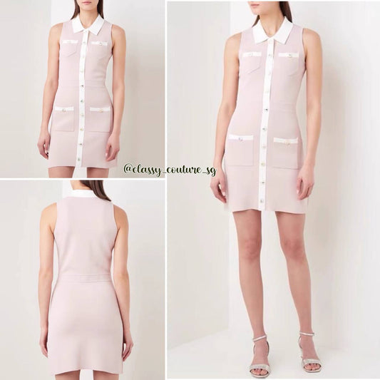 SALE! Mj Revisto Contrast Trim Knit Dress in Rose Pale | mini sleeveless button-up pale pink
