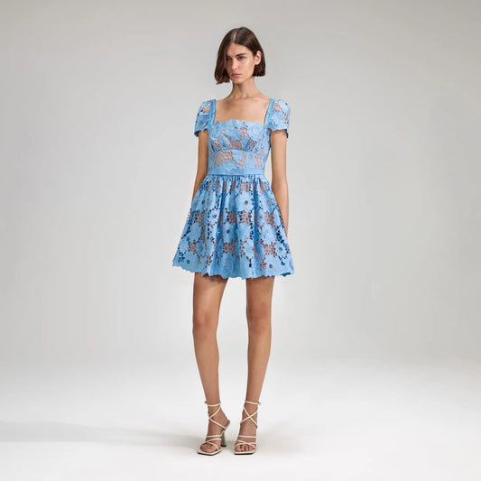 SP Blue 3D Cotton Lace Mini Dress