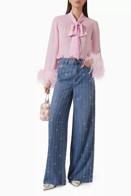 SP Wide-leg Bow Embellished Jeans in Lyocell Denim