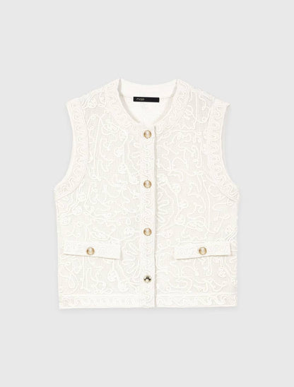 MJ Laros Guipure Lace Sleeveless Jacket Vest Top | Paros Trousers Pant | Cotton Set