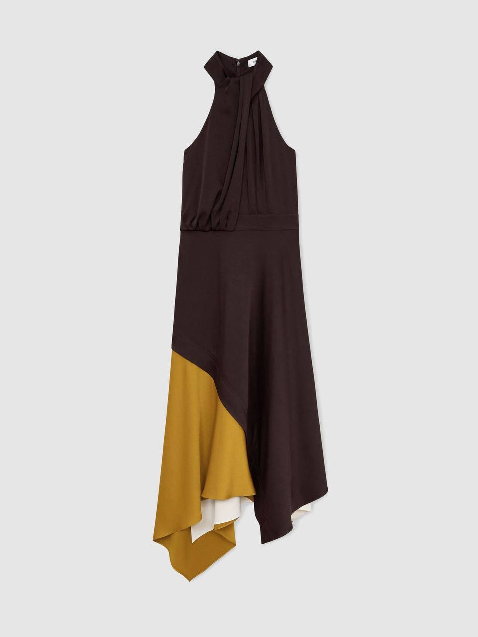 RS Bianca Colour-Block Layered Midi Dress in Brown/Yellow/Cream