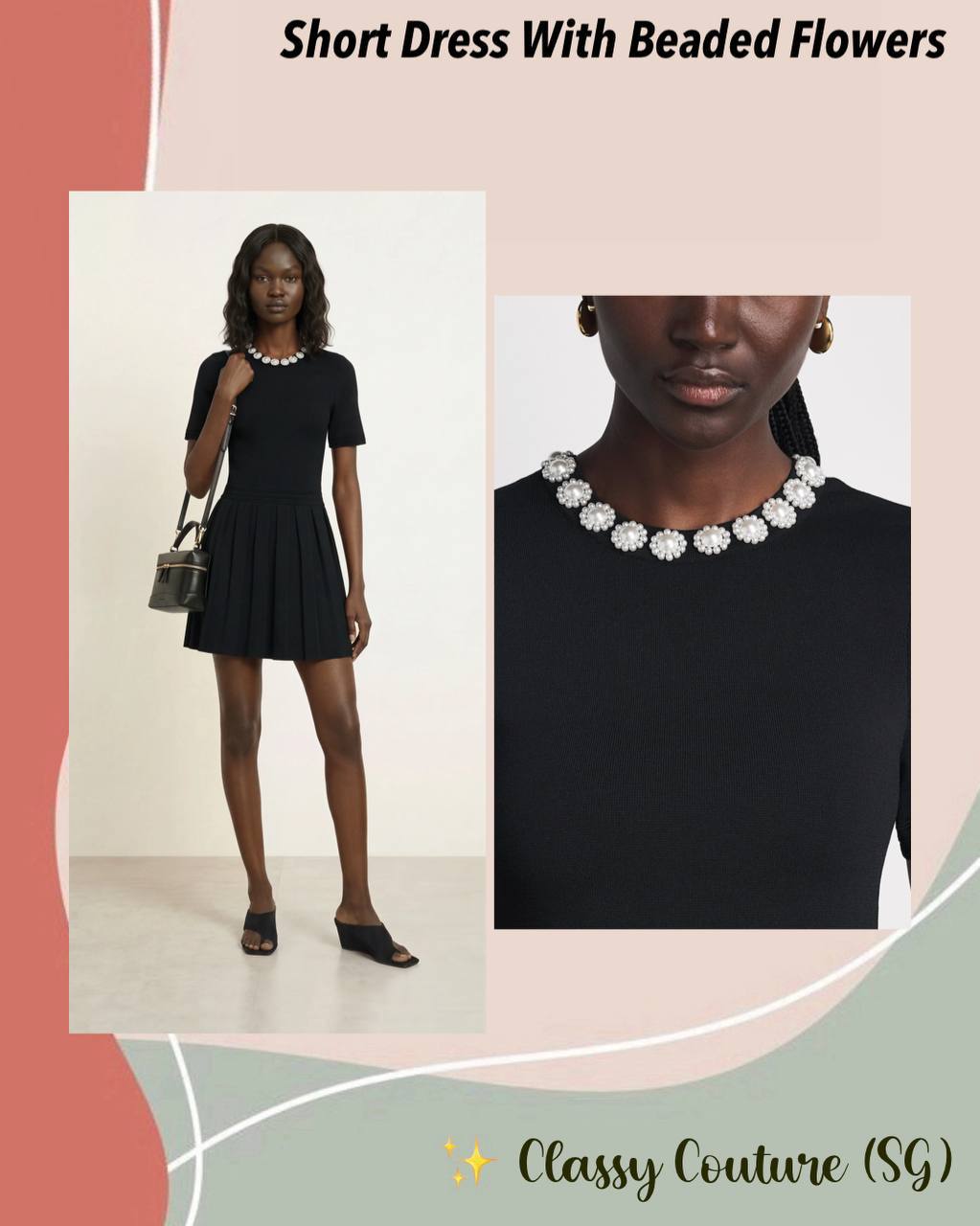 Black Short Sleeve Beaded Flowers Flared Viscose-blend Mini Dress