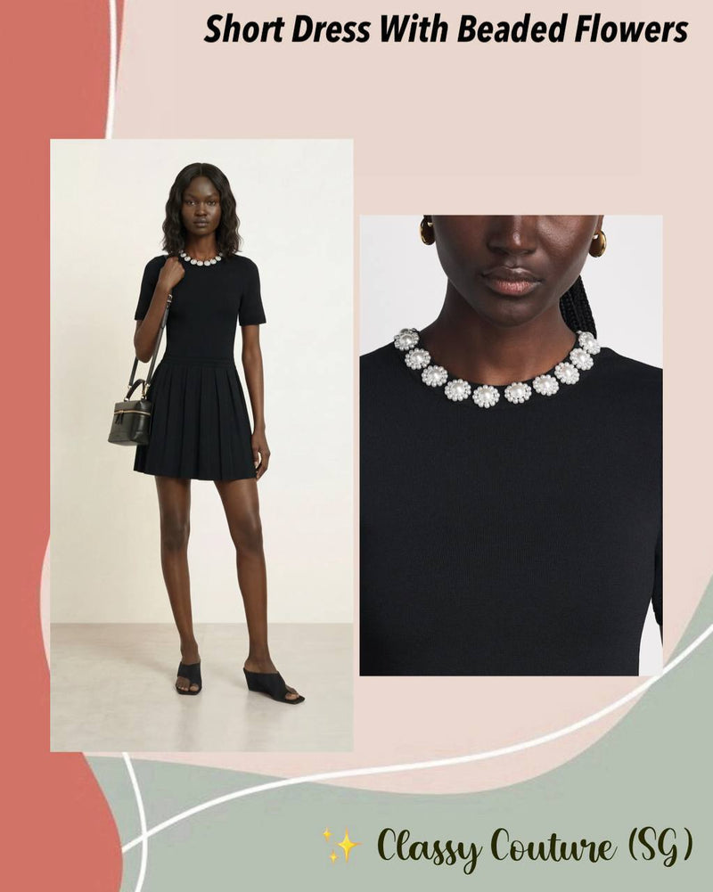 Black Short Sleeve Beaded Flowers Flared Viscose-blend Mini Dress