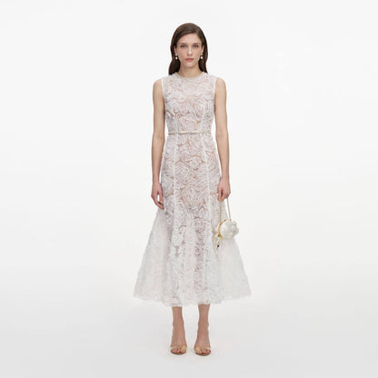 SP White Tulle Lace Belted Midi Dress