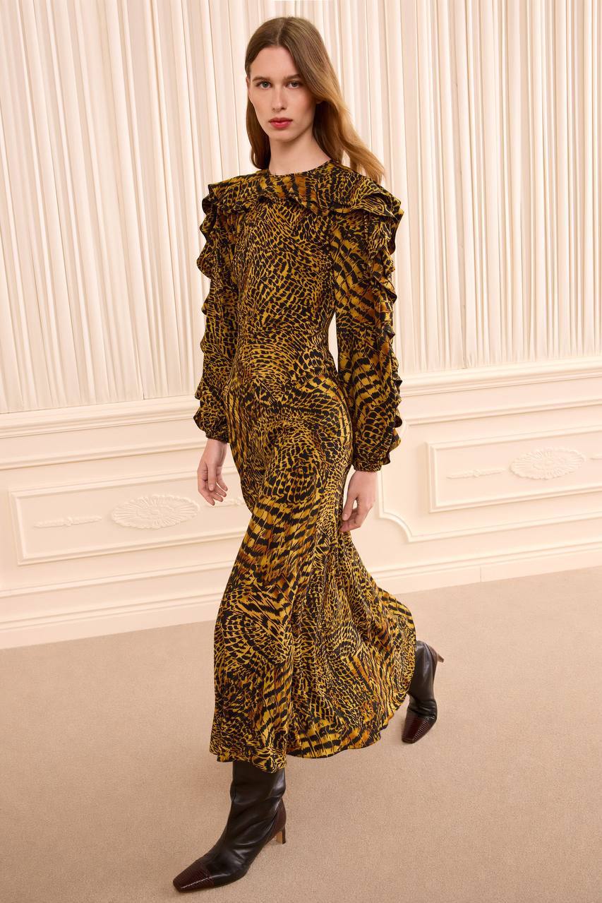 UJ Dara Long Sleeve Silk Dress Gold Tiger Print - Image 3
