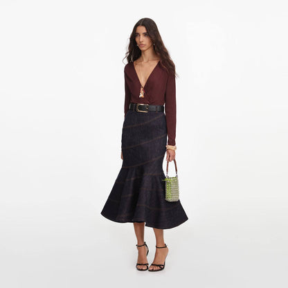 SP Indigo Denim Belted Midi Skirt