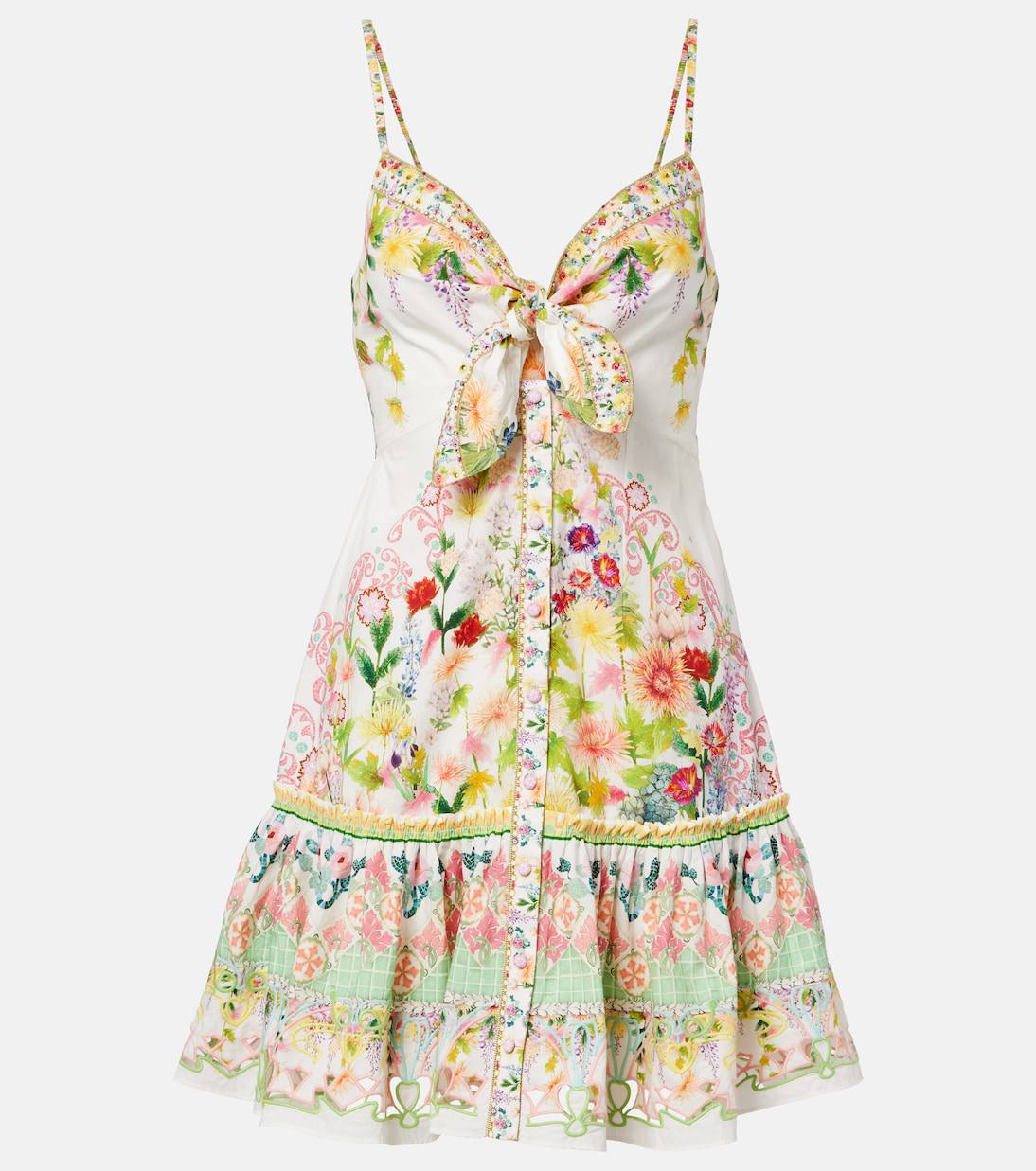 CM Tie Front Bow-Detail Floral Cotton Mini Dress With Hem Ruffle