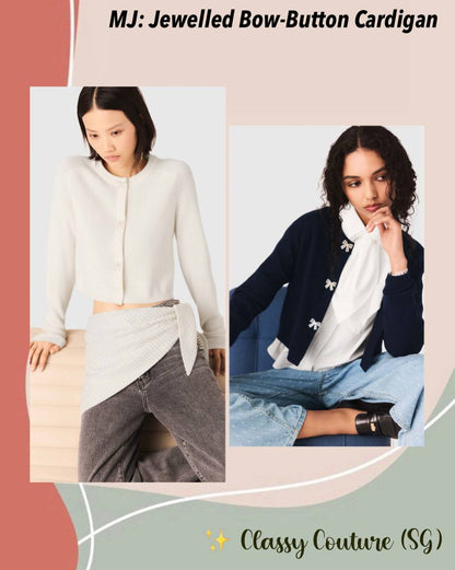 Jewelled Bow-Button Wool Cardigan in Cream & Navy