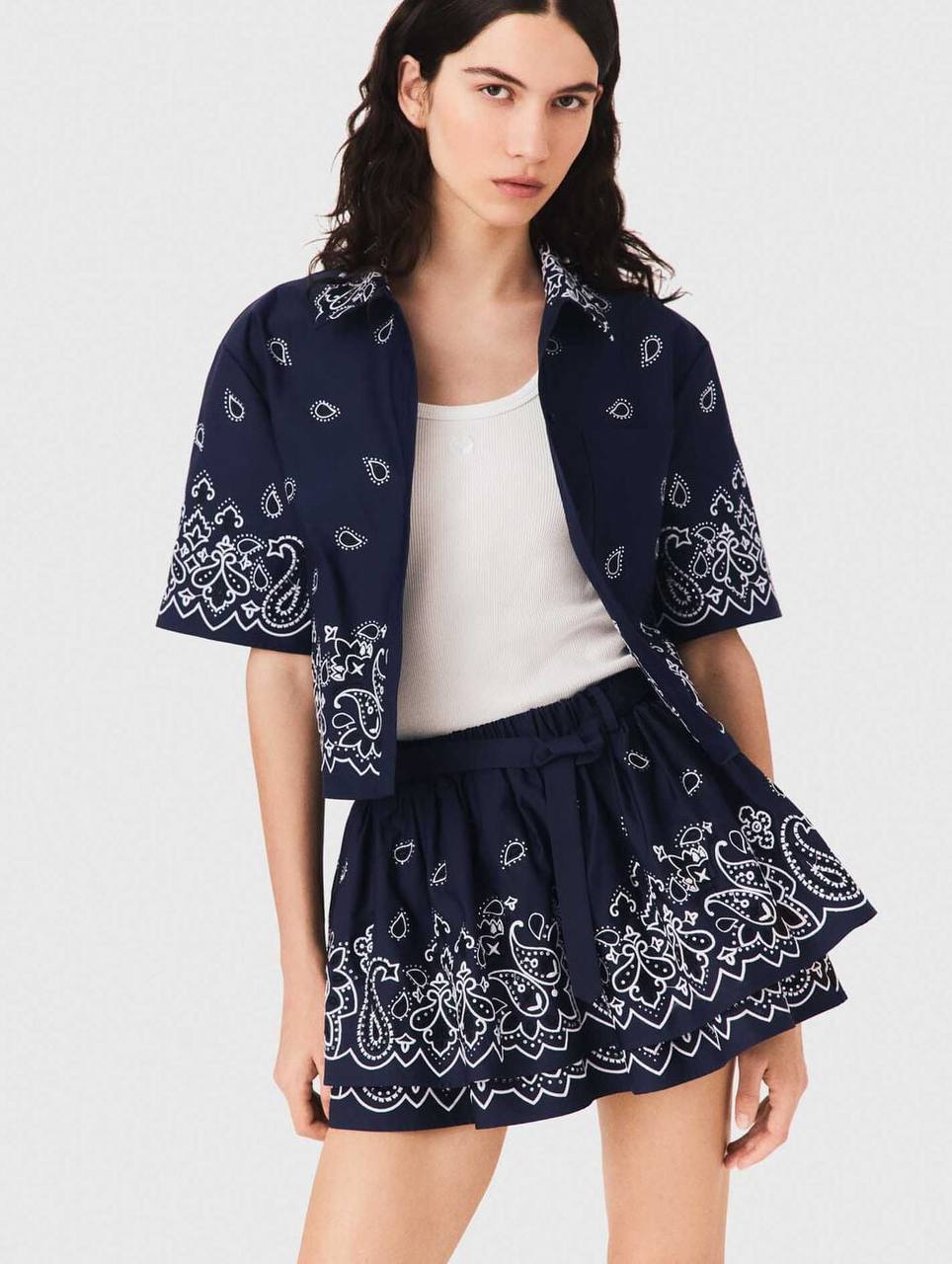 MJ: Cropped Embroidered Bandana Print Shirt | Skirt