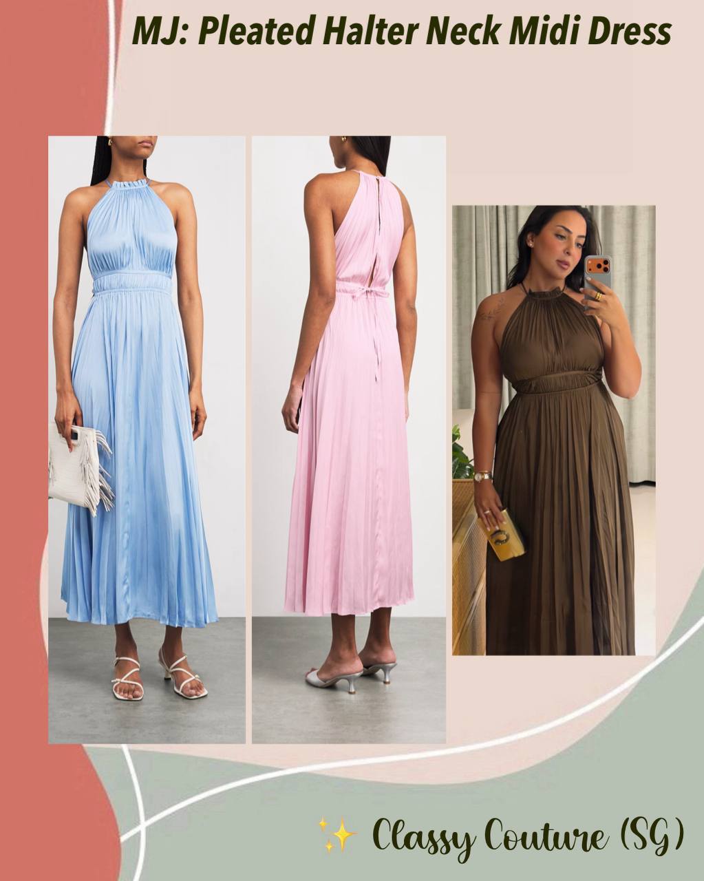 MJ Pleated Halter Neck Midi Dress