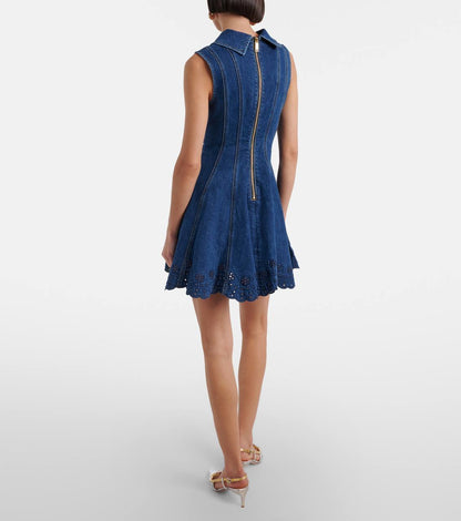 SP Blue Denim Broderie Flared Mini Dress