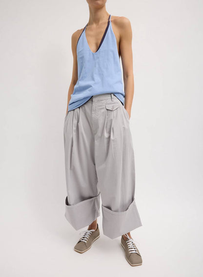 TB Garment Dyed Silky Cotton Triple Pleat Pant in Washed Khaki-Grey