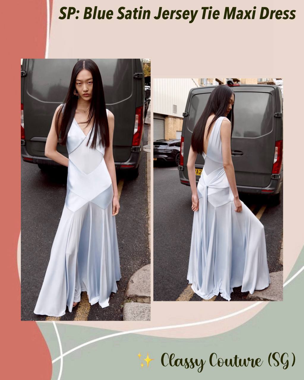 SP Blue Satin Jersey Tie Maxi Dress - Image 1