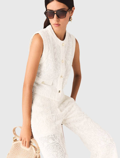 MJ Laros Guipure Lace Sleeveless Jacket Vest Top | Paros Trousers Pant | Cotton Set