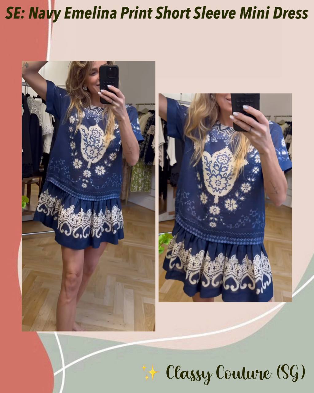 SE Navy Emelina Print Short Sleeve Mini Dress