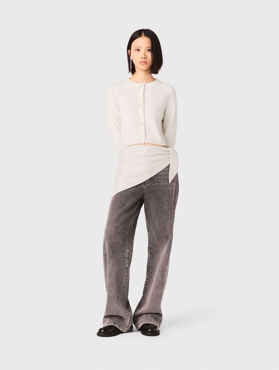 Jewelled Bow-Button Wool Cardigan in Cream & Navy
