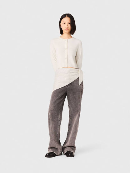 Jewelled Bow-Button Wool Cardigan in Cream & Navy