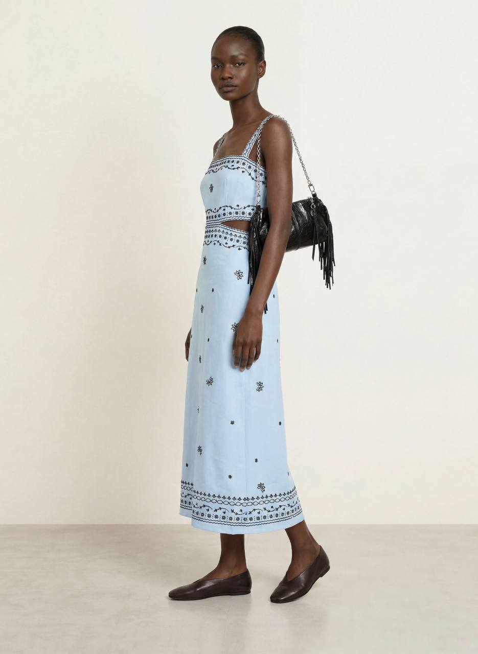 MJ Embroidered Linen Blend Cut Out Maxi Dress