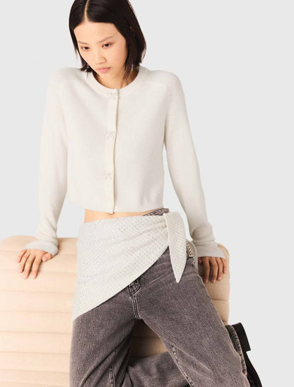 Jewelled Bow-Button Wool Cardigan in Cream & Navy