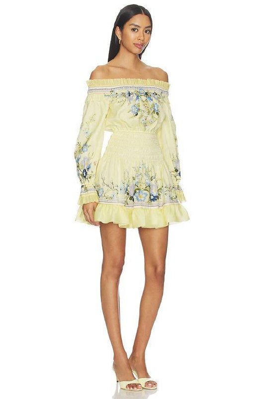 SP Yellow Floral Cotton-Silk Organza Ruffle Off-Shoulder Mini Dress