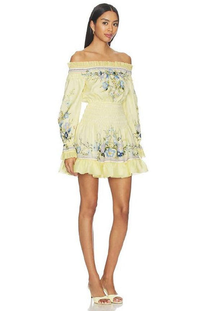 SP Yellow Floral Cotton-Silk Organza Ruffle Off-Shoulder Mini Dress